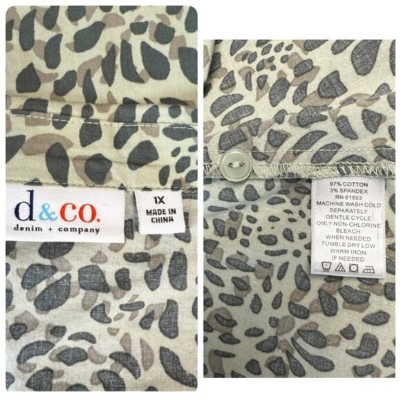 D & Co Womens 1X Green Animal Print Button-Down Blouse 3/4 Tab Sleeves L - Picture 9 of 10